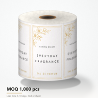 Rouleau d'étiquettes autocollantes pour parfum en feuille d'or, rectangulaires blanches imprimées à motifs floraux, pour emballage de bouteilles, fournisseur en gros, usine