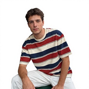 T-shirt décontracté à manches courtes pour homme, coupe ample, en coton 100% anti-boulochage, à col rond, tricoté, à rayures, motif rouge, bleu et blanc - Product Image 4