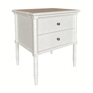 NH1286 Italian Cabinet Antique Living Room Furniture Wooden <strong>Bedside</strong> Carved <strong>Bamboo</strong> White <strong>Table</strong> With 2 Drawers Nightstand Cabinet - Product Image 2