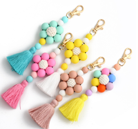 Porte-clés personnalisable en perles de silicone avec pompon, motif tournesol, vache, léopard, pendentif de sac en perles de silicone, pendentif de sac