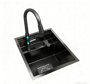 Évier de cuisine noir de bar carré moderne caché en acier inoxydable avec robinet au-dessus du comptoir Conception à cuvette unique - Product Image 5