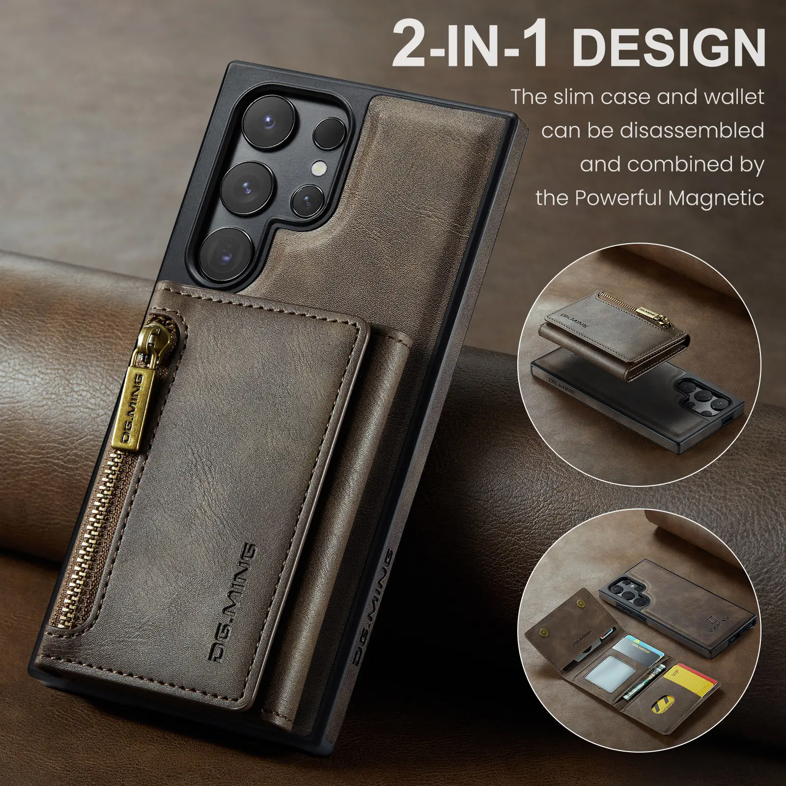 Yüksek kalite manyetik emme kart çantası koruyucu fermuar deri Smrat telefon Samsung kılıfı S 24 Ultra 23 Ultra S 22 S 21