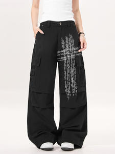 Pantalones Cargo de Lona con Estampado de Letras Estilo Urbano, Unisex, Vintage, Lavado, Texturizado, Casual, Retro, con Detalles Desgastados, 100% - Product Image 4