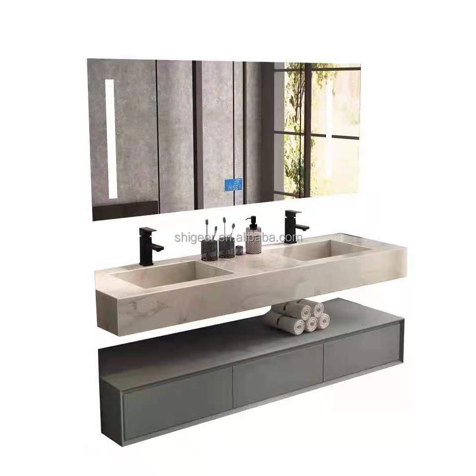 American Style Wholesale White Solid Wood Bathroom Vanity With Stainless Steel And Gold Color Side Cabinet Bathroom Vanity Float