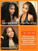 Perruque 3-en-1 mi-tête avec cheveux humains brésiliens bouclés afro crépus, sans colle, sans couture, à cordon de serrage, sans besoin de laisser de cheveux apparents, prête à porter