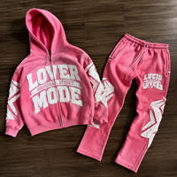 Survêtement rose zippé pour homme avec broderie lettres appliquées, patchwork à bords bruts et pantalon de survêtement large – Vente en gros