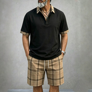 Ensemble décontracté <span class=keywords><strong>chic</strong></span> deux pièces <span class=keywords><strong>pour</strong></span> <span class=keywords><strong>homme</strong></span>, nouveau polo et short à carreaux, style transfrontalier Europe-Amérique, 100 % fibre de bambou - Product Image 3