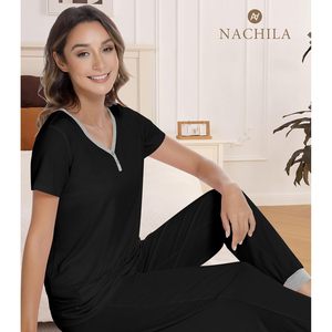 Pijamas para mujer, conjunto de pantalones deportivos de manga corta, ropa de dormir suave con bolsillos, ropa de dormir informal, color negro - Product Image 3