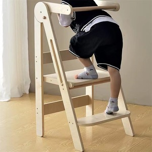 Children's Solid Wood <b>Step</b> <b>Stool</b> With Armrests Foldable Kitchen Chair For <b>Toddlers</b> Minimalist Design Natural Color - Product Image 4