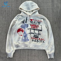 BENTURA Sokak Giyim Üreticisi Özel Grafik Baskılı Kalın Büyük Beden Taşlı %100 Pamuk Eskitme Görünümlü Kırpılmış Fermuarlı Kapüşonlu Sweatshirt