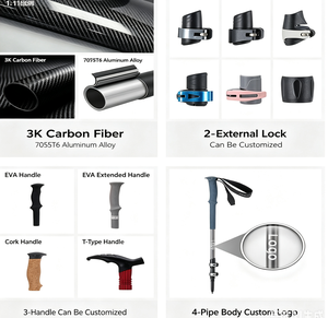 Bastón de Trekking Plegable de Fibra de Carbono 3K Estilo Alpino Nórdico <span class=keywords><strong>para</strong></span> Senderismo, Ligero y Antideslizante - Product Image 4