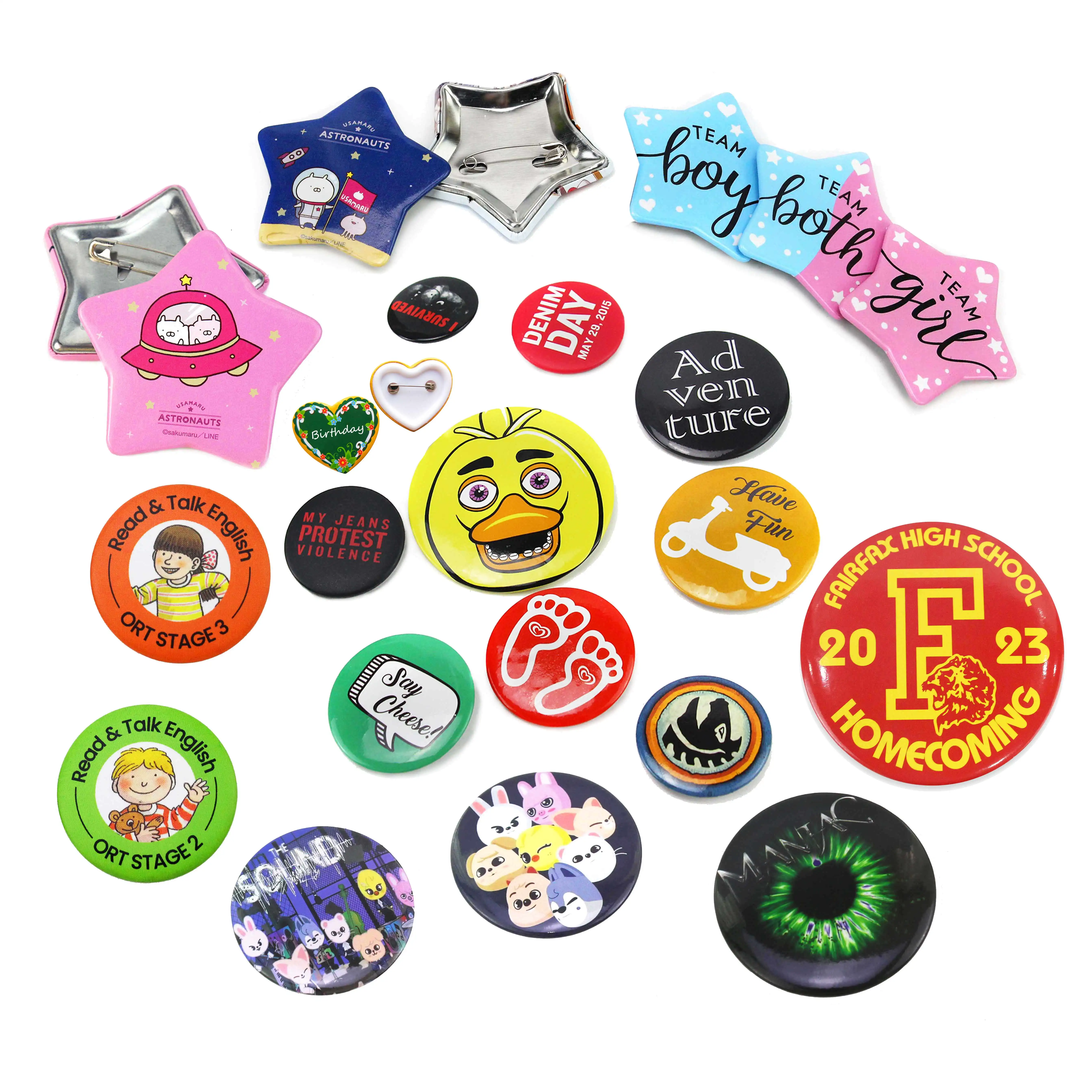 Promoción Round Star Heart 38mm 58mm Custom Pin Button Badge, Badge Material Metal Back Pin, Tin Button Badges Muestra gratis