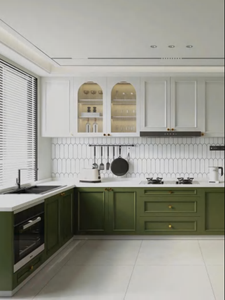 Armoires de cuisine laquées sur mesure SANTOPOVA, style Shaker, avec colonnes d'appareils intégrés et tour de rangement, plan de travail en pierre de quartz - Product Image 2