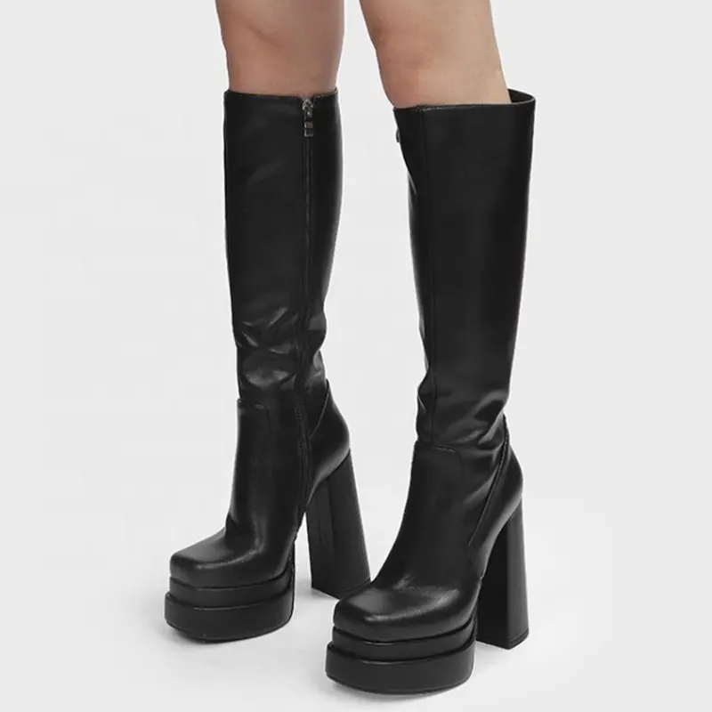 Fashion Side Zipper Square Toe High Chunky Heel Boots Leather Tight Knee High Boots for Women Winter Outdoor Big Size 43