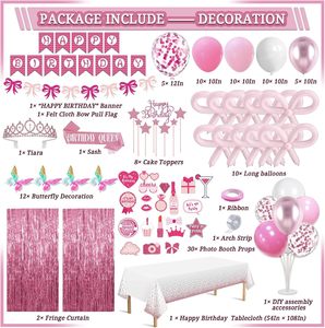 Decorazioni per Feste di Compleanno Rosa con Fiocco, Inclusi Piatti, Tovaglioli, Tovaglia, Striscione di Buon Compleanno, Palloncini, Decorazioni per <span class=keywords><strong>Torta</strong></span> per Ragazze - Product Image 2