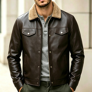 Chaqueta de cuero para hombre de invierno, forrada con sherpa, cuello con botones, longitud regular, ropa exterior informal. - Product Image 5