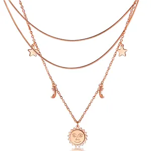 Многослойное ожерелье на заказ из нержавеющей стали Солнце Луна Звезда розовое золото тройное ожерелье