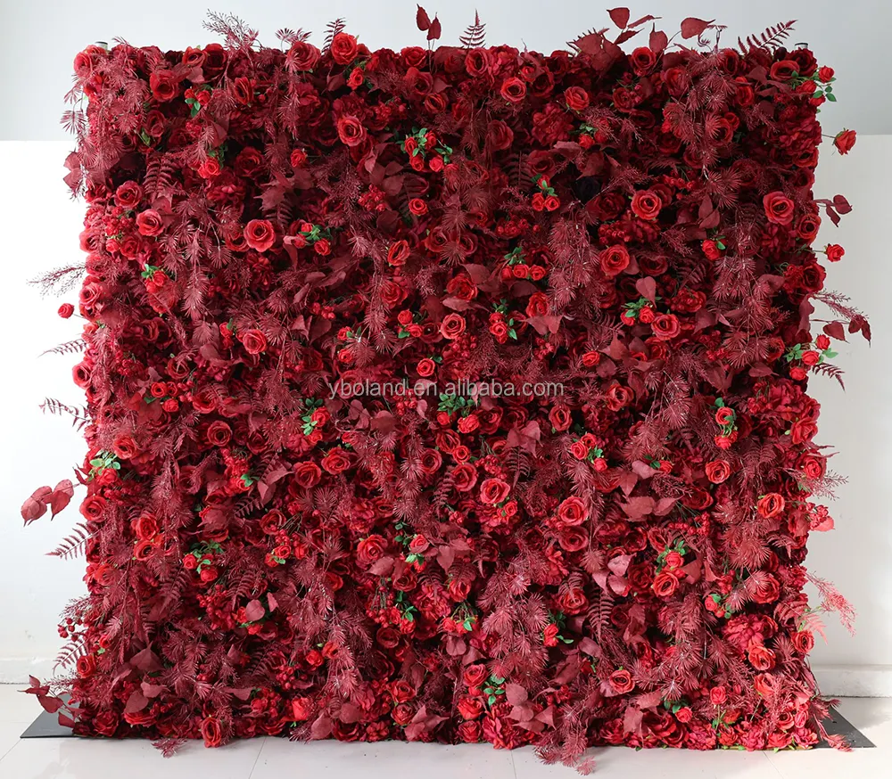 K04 dekorasi ruang rumah pernikahan musim gugur bahan sutra buatan merah mawar bunga Panel dinding seni 3D Faux Pampas rumput bunga dinding latar belakang