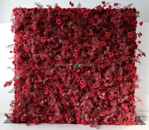 K04 Home Room Wedding Decor Outono Vermelho Seda Artificial Rose Flower Painel Wall Art 3D Faux Pampas Grass Flower Wall Backdrop