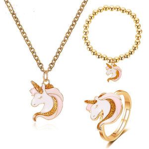 Trendz 2020 Nouveau Mignon Dégoulinant D'huile Licorne Collier Bracelet Bague Ensemble De Bijoux Pour Enfants - Product Image 1