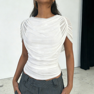 Blusa Elegante de Verano para Mujer, Top Regular con Cintura Fruncida, Camiseta de Color Liso con Capa de Malla Tejida y Estampado Digital - Product Image 4