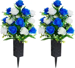 2 Sets Artificial Cemetery Flowers Memorial Flowers Beautiful Arrangements for Headstones Black Plastic vase with Drainage Hole