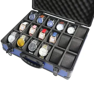 Casing penyimpanan jam tangan biru, koper logam aluminium untuk 18 slot, jam tangan pria dan wanita