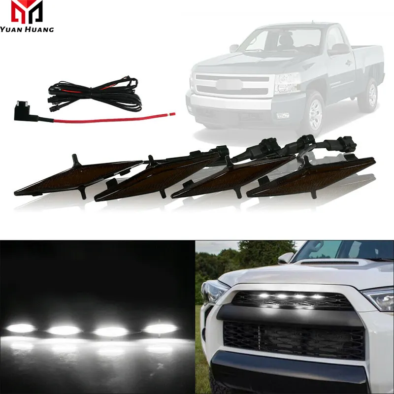 4PCS LEDフロントグリルライトホワイトアンバーライト外部グリルランプT-oyota TRD PRO用デイタイムランニングランプ