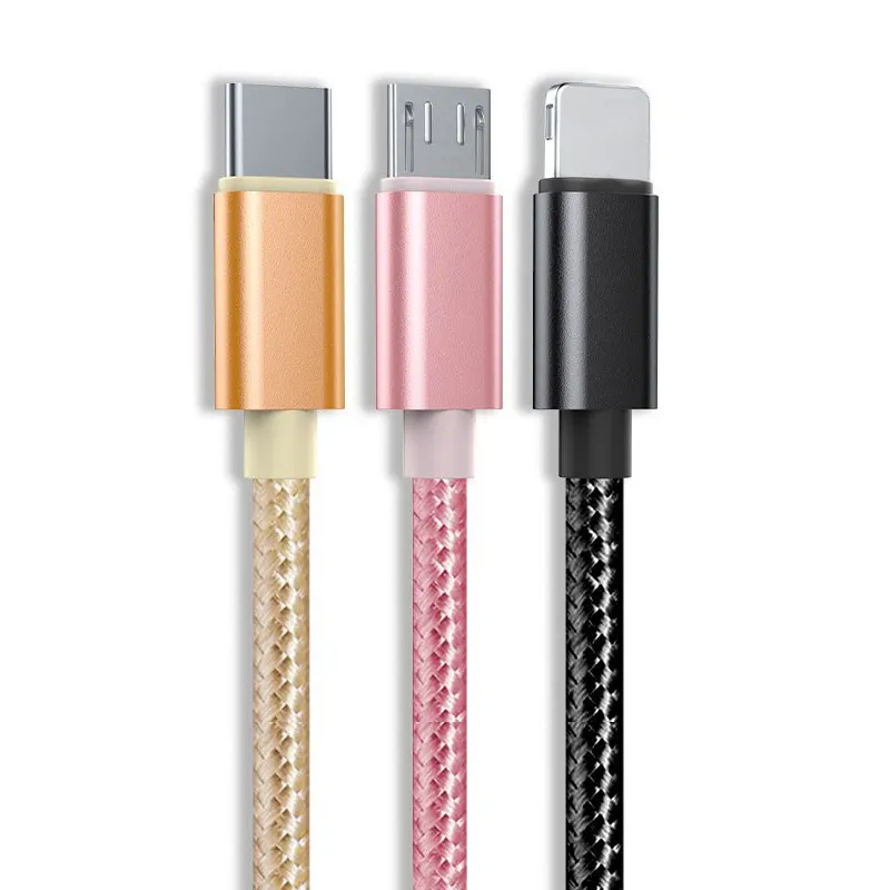 Factory wholesale 1m 2m 3m nylon braided micro Type C charger usb charging cable for Android for iPhone for samsung for huawei