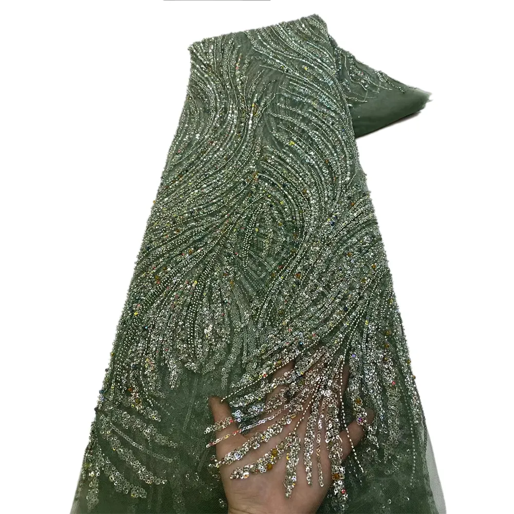 NI.AI paillettes dentelle perlée mariage rayure vert dentelle tissu luxe paillettes brodé dentelle tissu avec des pierres