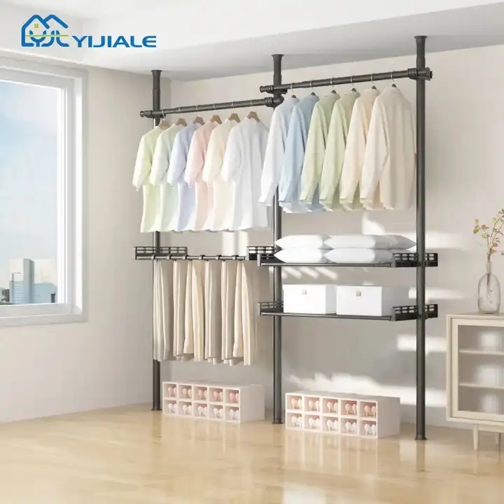 New Simple Adjustable Portable Clothes Rack Industrial Pipe Hanging Rack Bedroom Metal Stand Hanging Clothes Rack