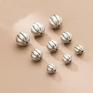 S925 Sterling Silver Frosted Pumpkin Pattern Spacer Charm Beads 7.5-11mm Corrugated Bail Fancy Beads Jewelry Findings For Women