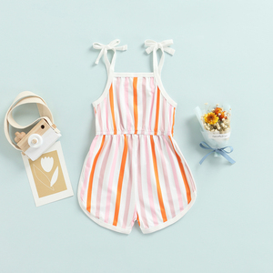 Combinaison d'été personnalisée avec logo pour filles, barboteuse à rayures florales pour nouveau-né et tout-petit, vêtements à bretelles à nouer, body bébé - Product Image 5