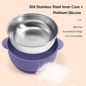 Non Toxic Pink Silicone Toddler Bowl with Animal Pattern and Stainless Steel Liner Suction Base - Product Image 1