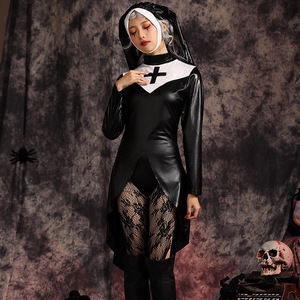 Stock disponibile Black PU Nun Costume <span class=keywords><strong>Sexy</strong></span> costumi di Halloween chiesa vestito Cosplay religioso - Product Image 3
