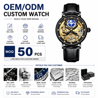 Montre mécanique automatique pour homme KINYUED J055 avec logo personnalisé, cadran squelette, bracelet en cuir, phase de lune, luminescente, montre tendance OEM ODM