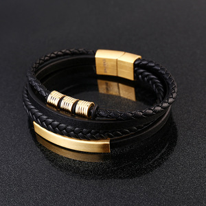 High Quality Men's Stainless Steel Magnet Buckle <b>Bracelet</b> Classic Black Genuine <b>Leather</b> Bohemia Style for Gift - Product Image 5