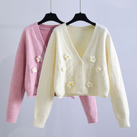 Cardigan court en tricot fleuri fait main pour femme, nouvelle collection automne, style coréen, coupe ample, vêtement d'extérieur, cardigan en tricot style coréen
