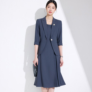 Women's Suit Set Blazer Dress Midi Length Three Quarter Sleeve Polyester Crepe Anti-Wrinkle Formal <b>Work</b> Wear - Product Image 1