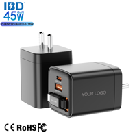 Chargeur mural rapide 45W PD3.0 PPS SCP OTP avec câble rétractable GaN de 80 cm (ports USB-C + USB-A) certifié CE/FCC/OVP