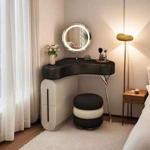 Coiffeuse d'angle moderne extensible en <span class=keywords><strong>bois</strong></span> massif <span class=keywords><strong>avec</strong></span> tabouret de maquillage intégré pour chambre à coucher, <span class=keywords><strong>petit</strong></span> appartement, <span class=keywords><strong>baie</strong></span> <span class=keywords><strong>vitrée</strong></span> triangulaire - Product Image 3