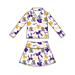 Completo coordinato personalizzato per fratelli e sorelle: Top a <span class=keywords><strong>pois</strong></span> per bambini, pantaloncini, fiocchi, top a maniche corte, gonna, set corto, pullover viola con cerniera, pantaloni jogger - Product Image 3