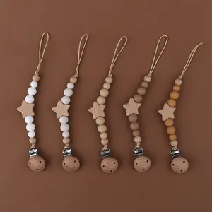 Hot Sell BPA Free Baby Colorful Custom Pacifier Clips Chain And Safe Silicone Beads Beech Wooden Beads And Star