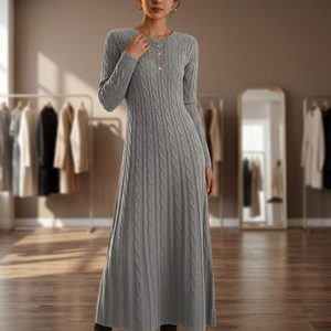 Vestido Maxi Gris de Punto Trenzado 100% Algodón, Vestido Suéter Largo de Punto, Primavera Verano, Cintura Natural, Acogedor, Acanalado, Ecológico, Elegante - Product Image 3