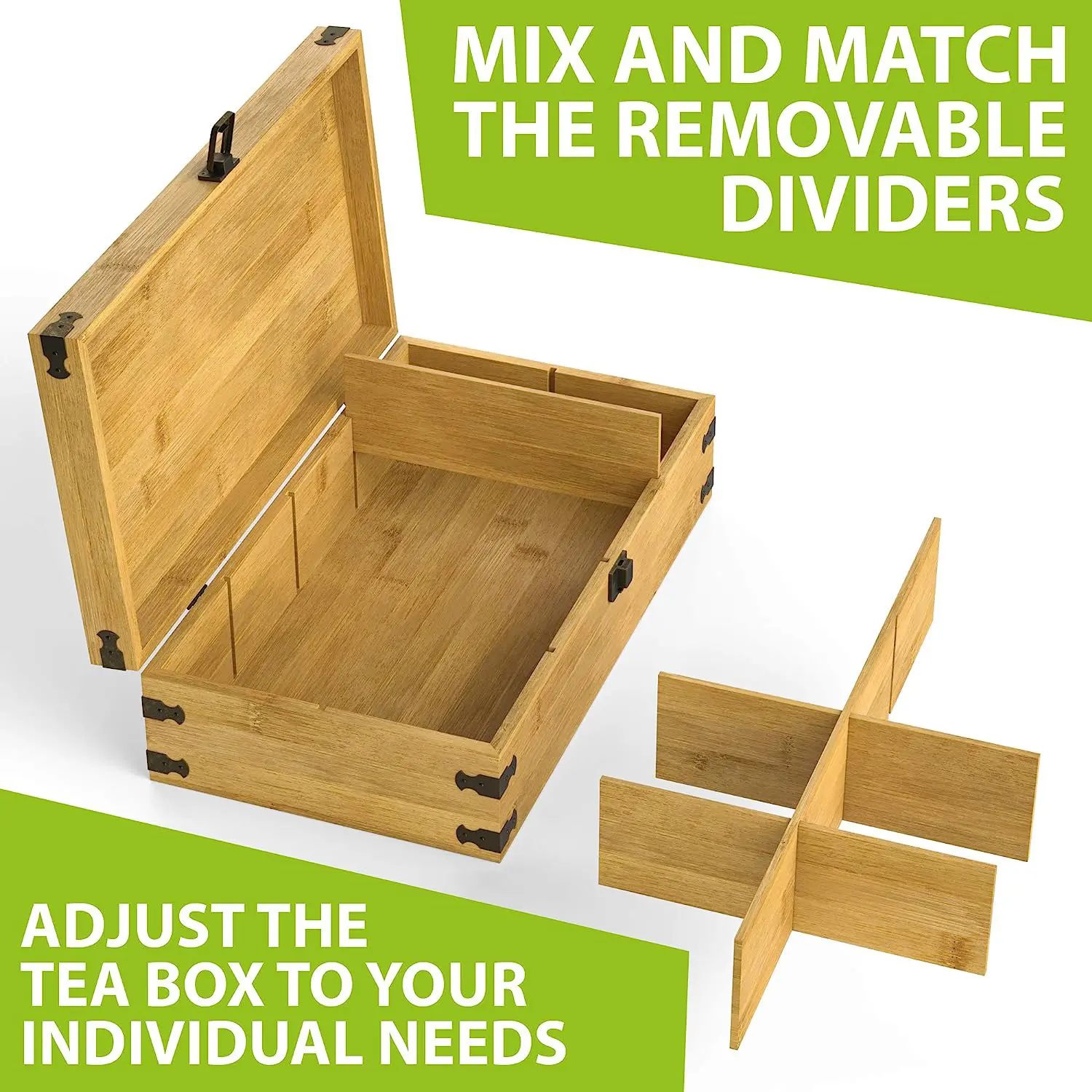 Большая деревянная коробка для хранения чая, бамбуковый ящик для хранения, регулируемая полка 100% чая ручной работы, деревянный ящик