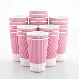 Einweg 16 Unzen isolierte Ripple Tapete Pink Double Wall Coffee Hot Beverage Cup