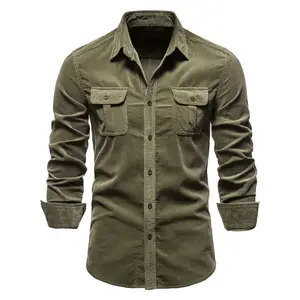 Heren Lente Corduroy Shirts Katoenen Lange Mouw Dubbele Zakken Slim Fit Tops Werk Kleding Knoop Casual Shirt