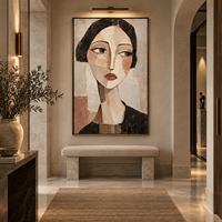 Tableau mural abstrait sur toile : Portrait de femme texturé, peinture cubiste du visage, décor neutre pour salon, chambre, hôtel