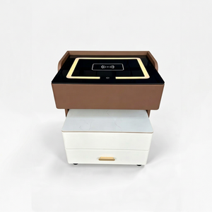 Table de chevet moderne avec chargeur sans fil, lumière tricolore, haut-parleur Bluetooth USB, 3 tiroirs, blanc et marron, meubles de chambre à coucher - Product Image 1