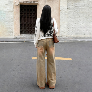 Jean délavé à bords bruts taille basse coupe droite ample en denim pour femme style Y2K vintage décontracté - Product Image 6